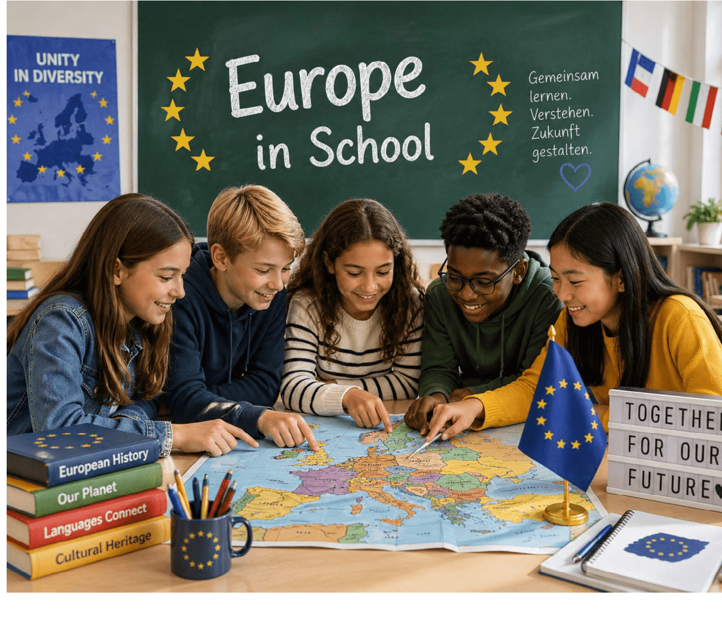 Schülerinnen und Schüler betrachten gemeinsam eine Europakarte vor einer Tafel mit dem Schriftzug Europe in School
